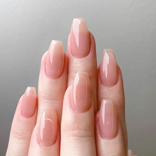 Coffin Press on Nails Short Fake Nails Solid Color Translucent Nails Press ons Ombre Glue on Nails Simple Artificial Ballet Acrylic Nails for Women 24 Pcs
