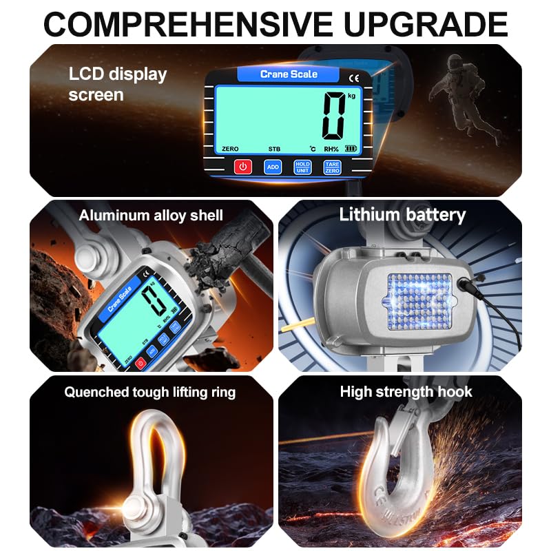 Digital Crane Scale 6600 lbs/3000kg/3T Measurable Temperature and Humidity Industrial Heavy Duty Hanging Scale with Remote Control LCD Screen for Construction, Factory, Farm(Silver)