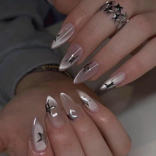 Mivota Medium Press on Nails Almond Cat Eye Nude Fake Nails Glossy Glue On Nails with 3D Silver Star Nail Art Designs, Decorative Thick Reusable Glossy Full Cover Stick on Nails for Women 24Pcs