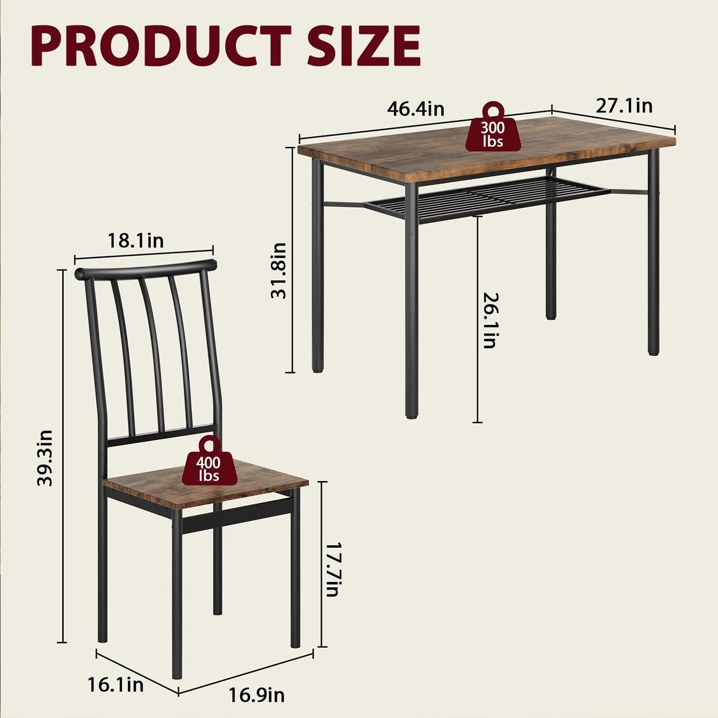 Garvee Farmhouse 5-Piece Dining Table Set for 4, Rectangular Kitchen Table with 4 Chairs, Wood Dining Set with Storage Shelf for Dining Room, Kitchen, and Small Spaces, Brown