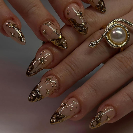 Gold Chrome Press on Nails Short Almond Fake Nails Star Nails Press ons with Design Reusable Artificial Nail Full Cover Glue on Nail Stick on Nails for Women Manicure 24 Pcs