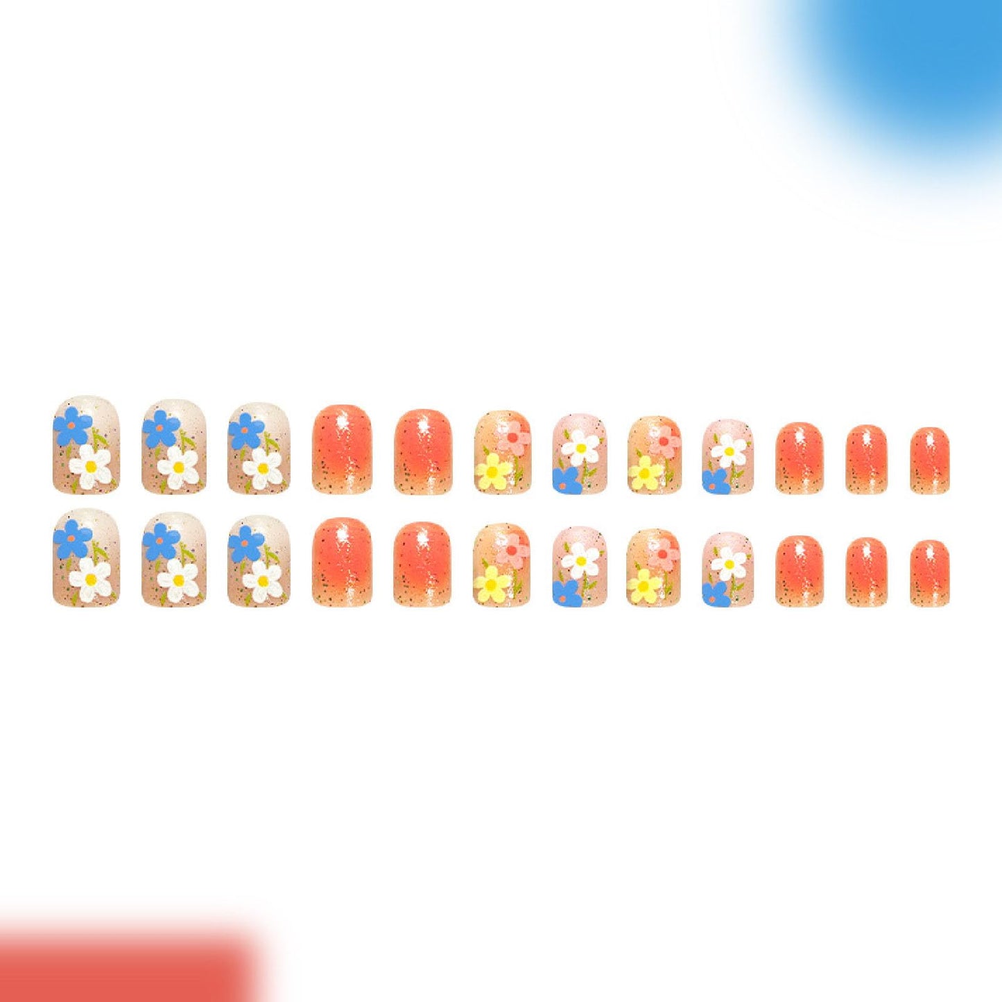 Flower Press on Nails Short Square Fake Nails with Glitter Blending Full Cover Designs Nails Press ons Colorful Glue on Nails Spring Summer Stick on Nails for Women 24Pcs