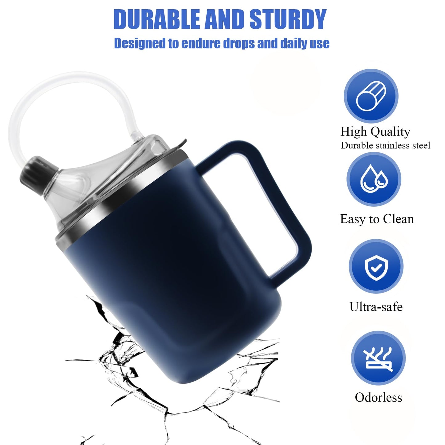 ACUDUDOMA Adult Spill Proof Cup for Elderly, 3 in 1 Stainless Steel Sippy Cup with Straw and 2 Lids, Suitable for Seniors Disabled Patients Limited Mobility, 14 OZ