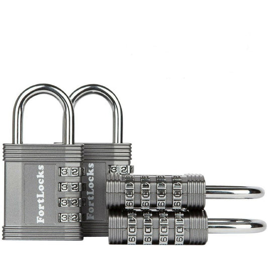FortLocks Padlock - 4 Digit Combination Lock for Gym Outdoor & School Locker, Fence, Case & Shed – Heavy Duty Resettable Set Your Own Combo – Waterproof & Weatherproof (4 Pack - Silver)