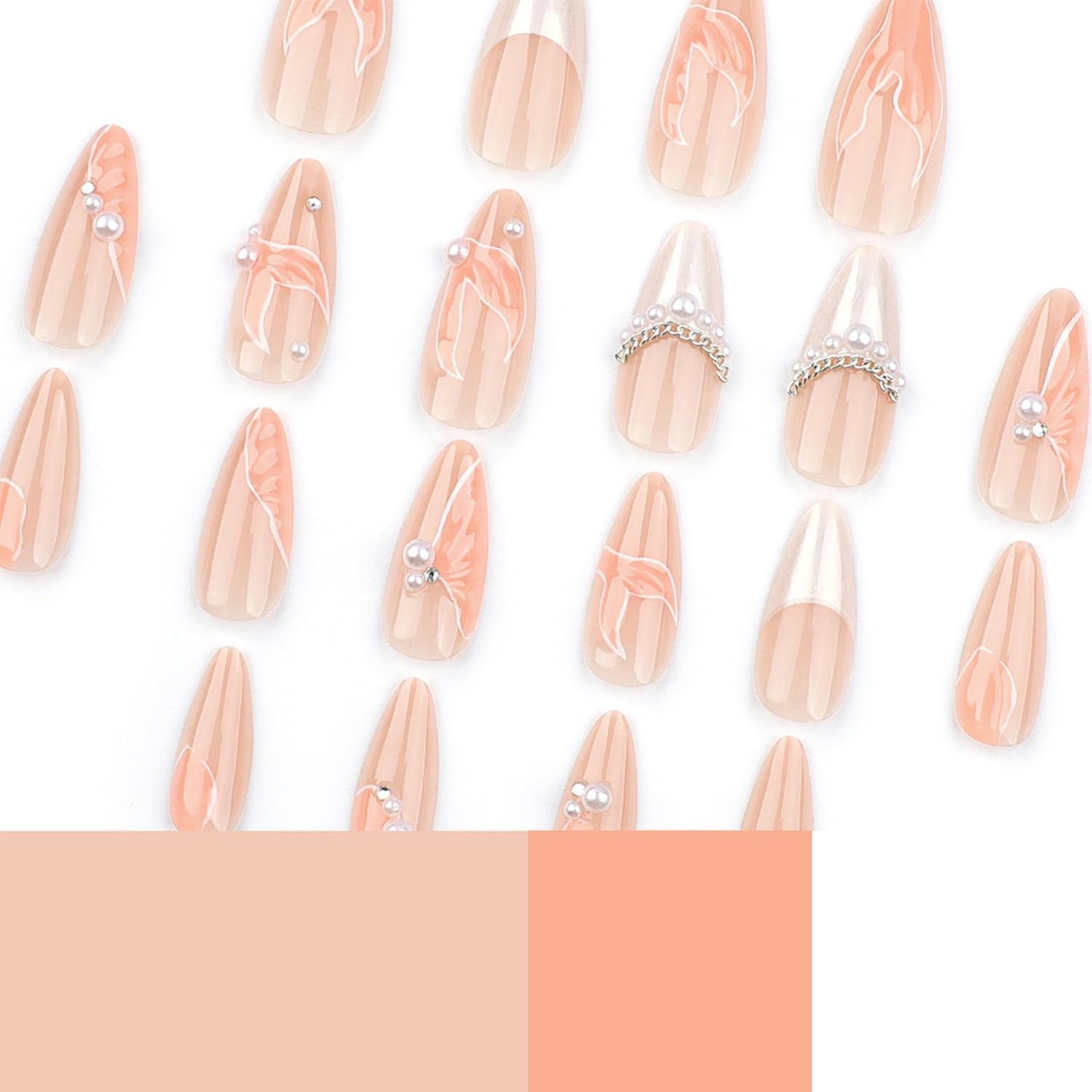 24Pcs Almond Press on Nails Medium Length 3D Fake Nails with Cute Mermaid Pearl Designs Charms Handmade Nail French Tip False Nails Press ons Summer Theme Stick on Nails for Women Manicure Decor