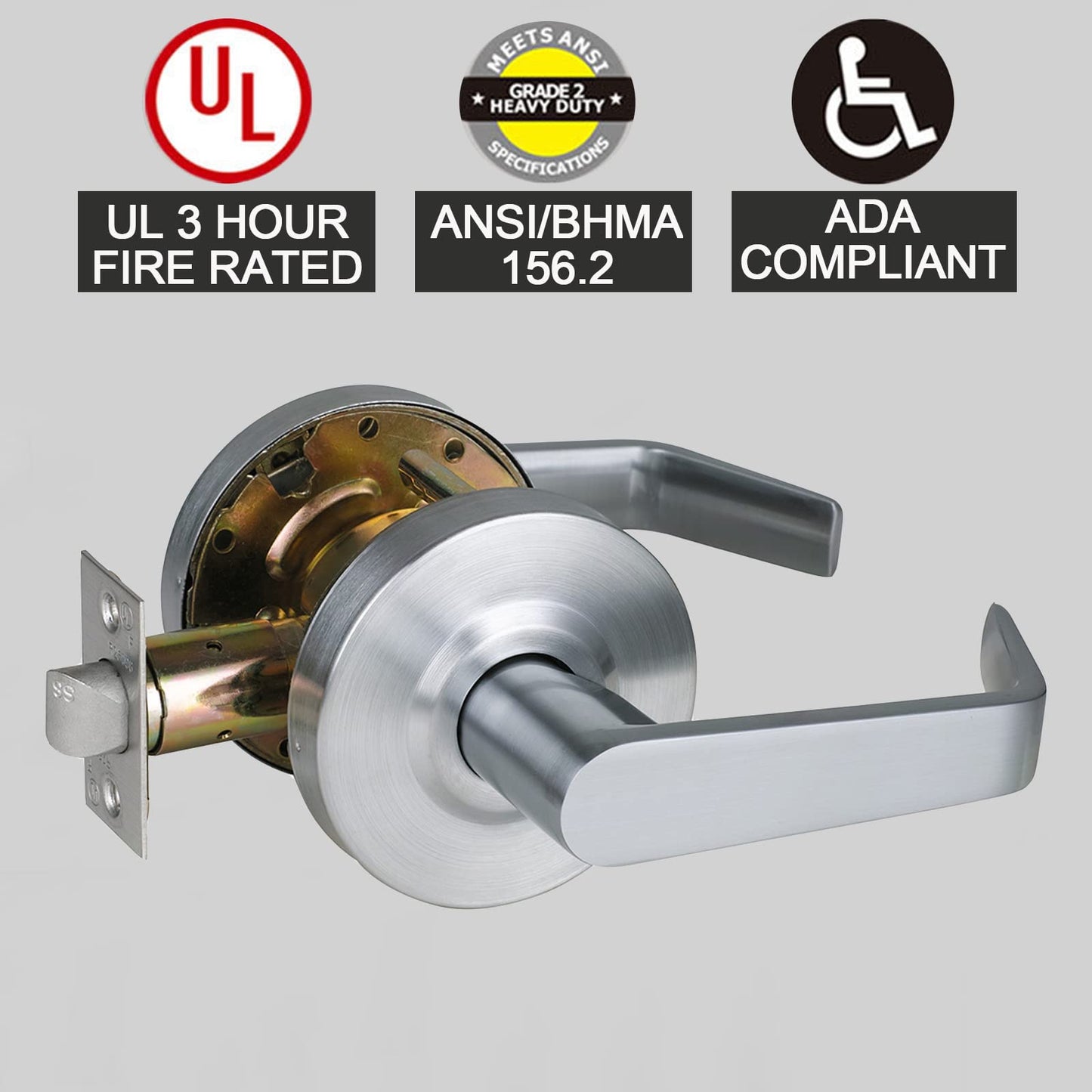 HISAFE 2 Packs of Passage Commercial Door Locks Heavy Duty Grade 2 Lever, Non-Handed, UL 3 Hour Fire Rated, ADA Compliant, Satin Chrome Finish 26D, 2-3/4''Backset