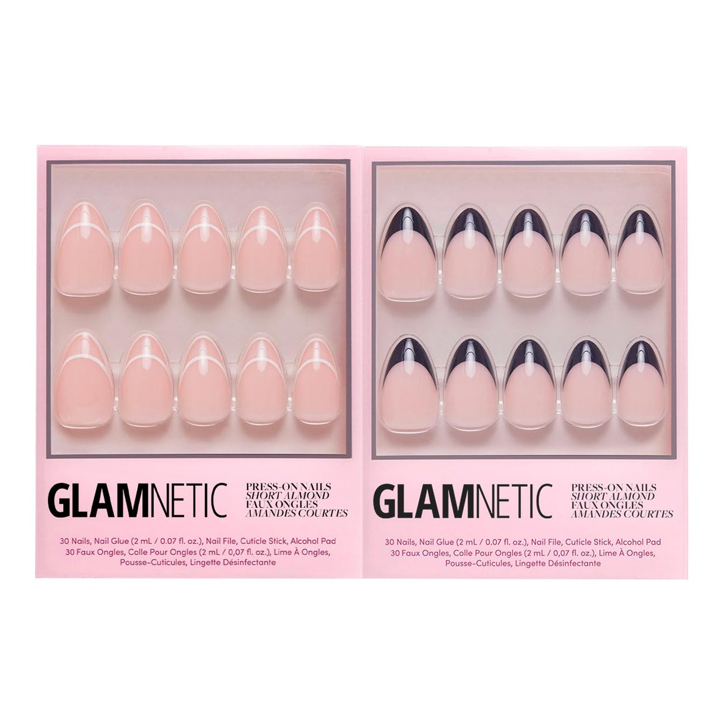 Glamnetic Press-On Nails Bundle - Heavenly & Caviar | Nude Trendy French Tip Short Almond Fake Nails | Short Almond Black French Tip False Nails | Reusable, Salon-Quality Nail Kits
