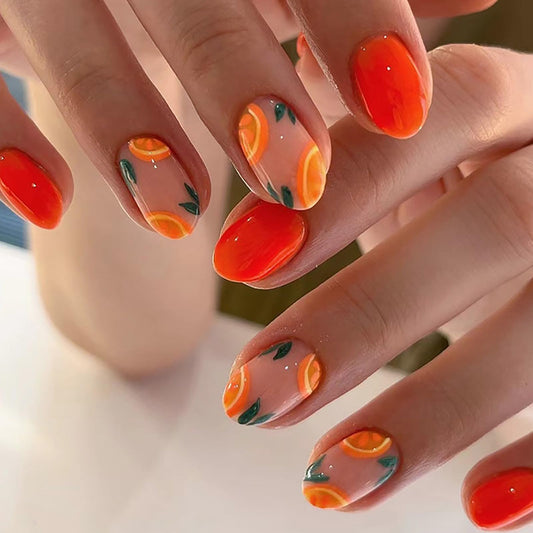 Fall Press on Nails Short Almond SWEKKE Fake Nails Orange Full Cover Orange False Nails with Designs Glossy Acrylic Glue on Artificial Nails for Women Girls 24 Pcs