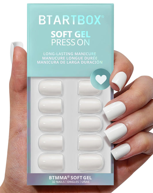 BTArtbox Press On Nails Square - Pastel White Short Press On Nails with Glue for Women, Opaque Soft Gel Glue On Nails in 16 Sizes - 32 Stick On Nails Kit, Note Book