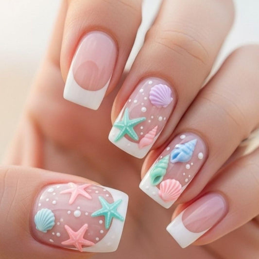 French Tip Press on Nails Summer Fake Nails Spring Medium Square False Nails with Shell Conch Starfish Bubbles Design Sea Beach Artificial Nails Full Cover Glossy Stick on Nails for Women Manicure