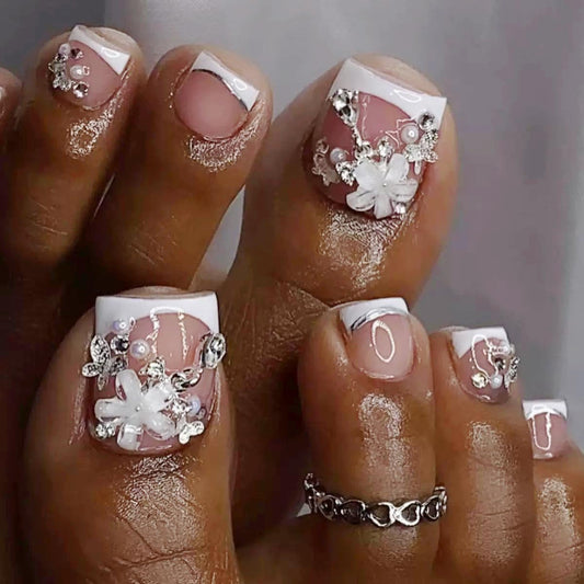 White French Tip Press on Toenails - Short Square Fake Toenails with Flower Design - Rhinestone, Summer Press on Toe Nails - for Women 24 Pcs