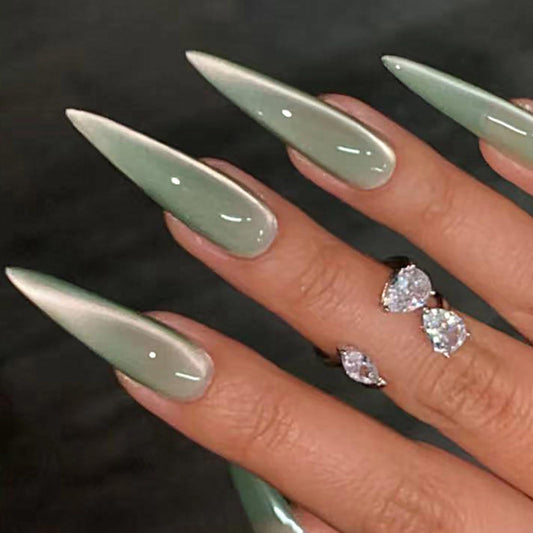MISUD Press on Nails - Long Stiletto Fake Nails with Summer Green Cat Eye, Acrylic Bling Glitter Design 24 pcs