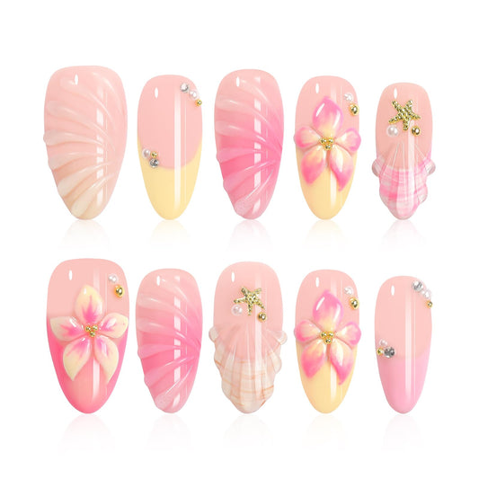 HOMSERA Handmade Press on Nails Almond with French Tips, 3D Flowers Pearl Water Ripple Design Fake Nails, Summer Beach 10pcs Acrylic Nail Kit, Gifts for Women