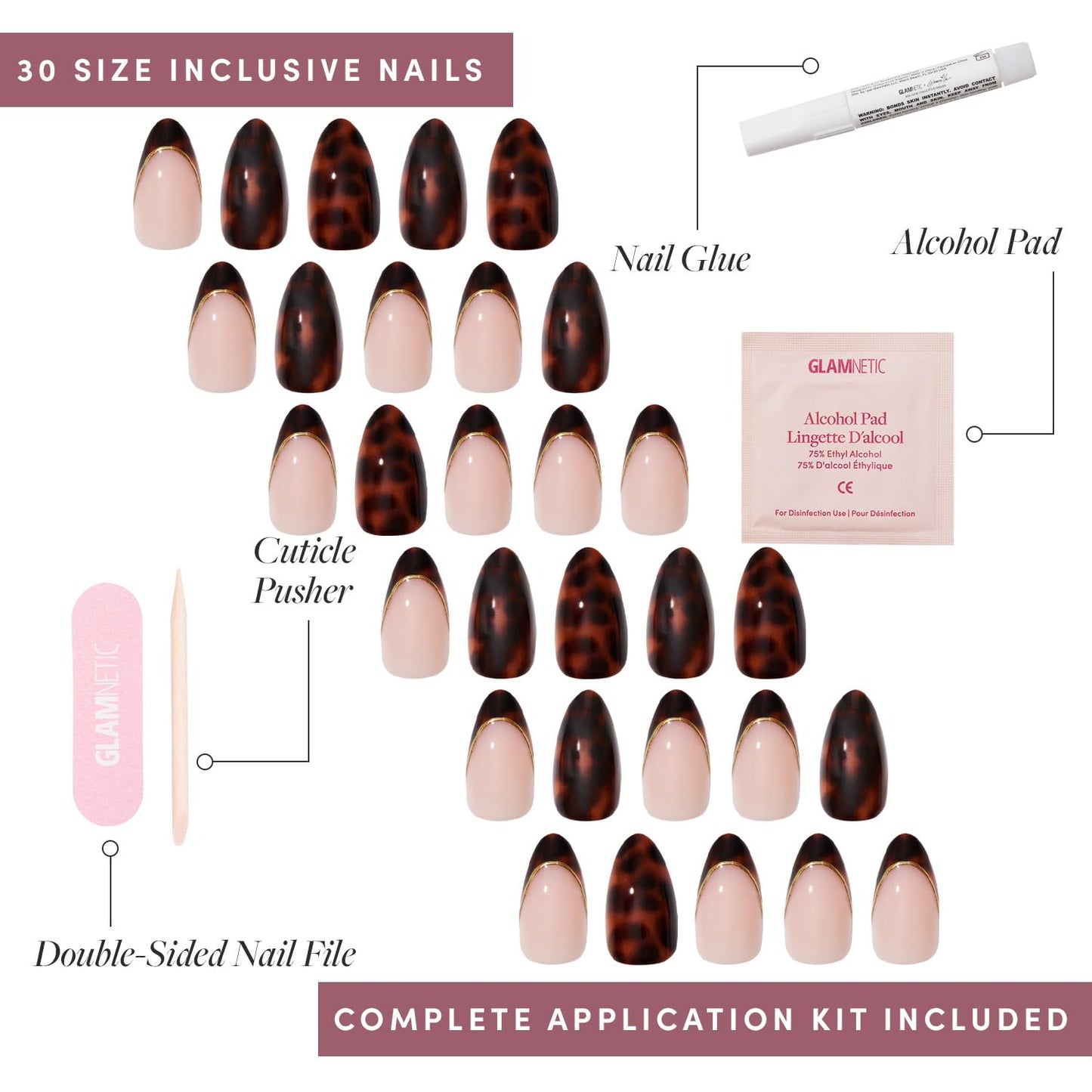 Glamnetic x GLAMZILLA Press-On Nails & Adhesive Nail Tabs - KILLAZILLA | Short Almond French Tip Fake Nails with Tortoiseshell Print | 15 Sizes - 30 Nail Kit with Adhesive Tabs