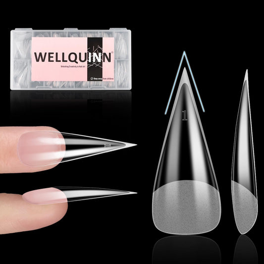 Wellquinn Gel Nail Tips Sharp Solid Core Stiletto Long, 300pcs 15 Sizes, Pre-Etched Half Matte Full Cover Soft Gel Nail Tips, Clear Press on False Nail Extension Acrylic Fake Nails, Easy DIY Salon Art