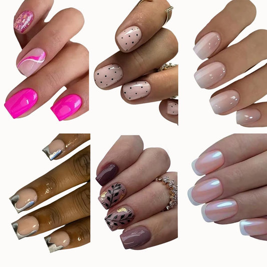 6 Packs (144 Pcs) Press on Nails Short Square Fake Nails Nude False Nails with Designs Ombre White French Tip Pink Brown Glue on Nails Full Cover Glossy Acrylic Stick on Nail for Women Manicure
