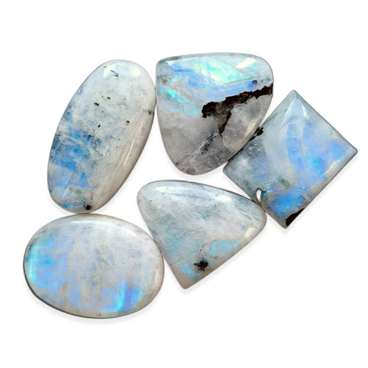 Natural 5, 4 & 3 Pcs Gemstones Cabochons Lot (15–30 MM), Multi Shape Stones for Jewelry Making Supplies Healing Crystals Gems Loose Gemstones (Tourmilated moonstone, 5pcs)