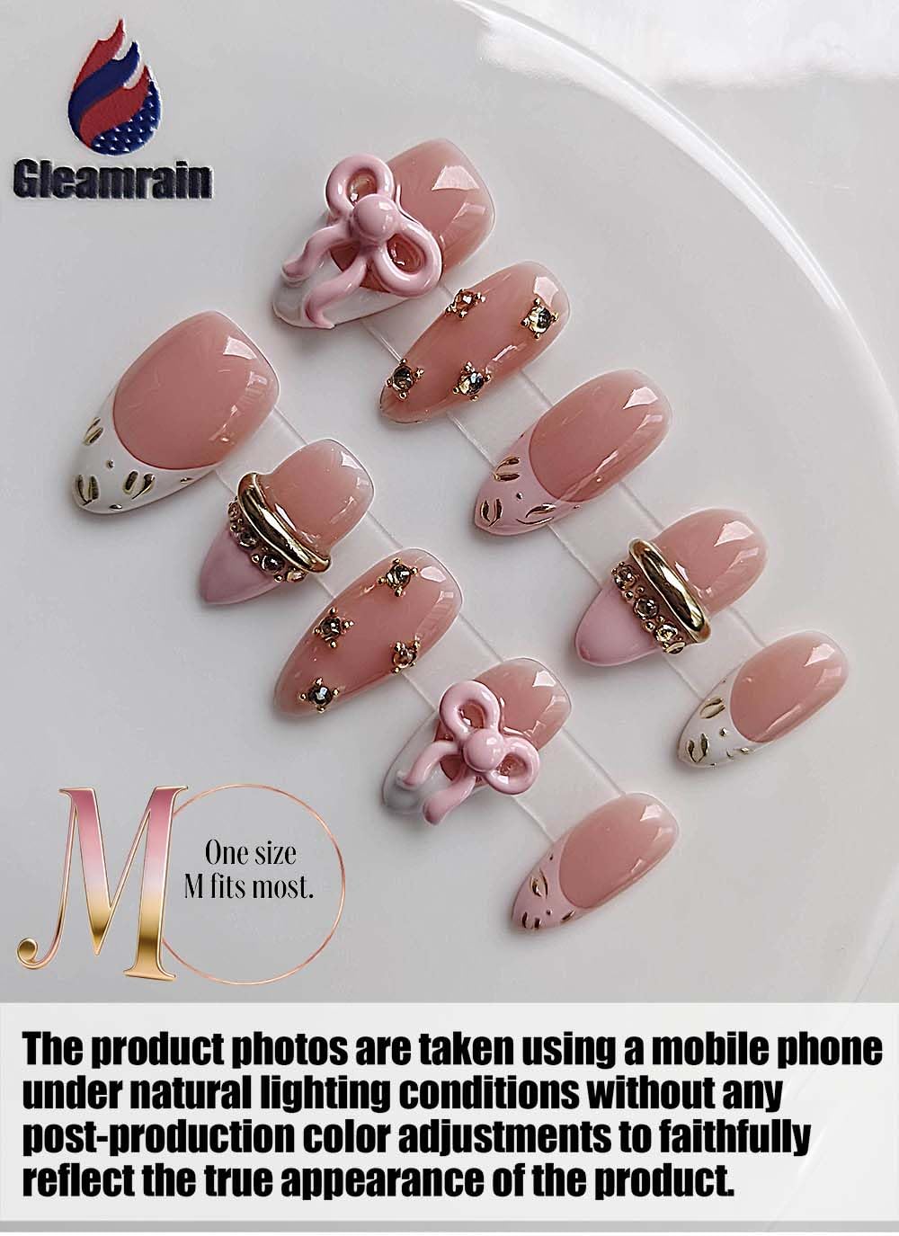 Gleamrain Cute Almond Handmade Press on Nails Medium for Women, Handcrafted Luxury Rhinestones Design Reusable Pink Full Cover Fake Nail Cute French Design for Daily Wear Holiday D312