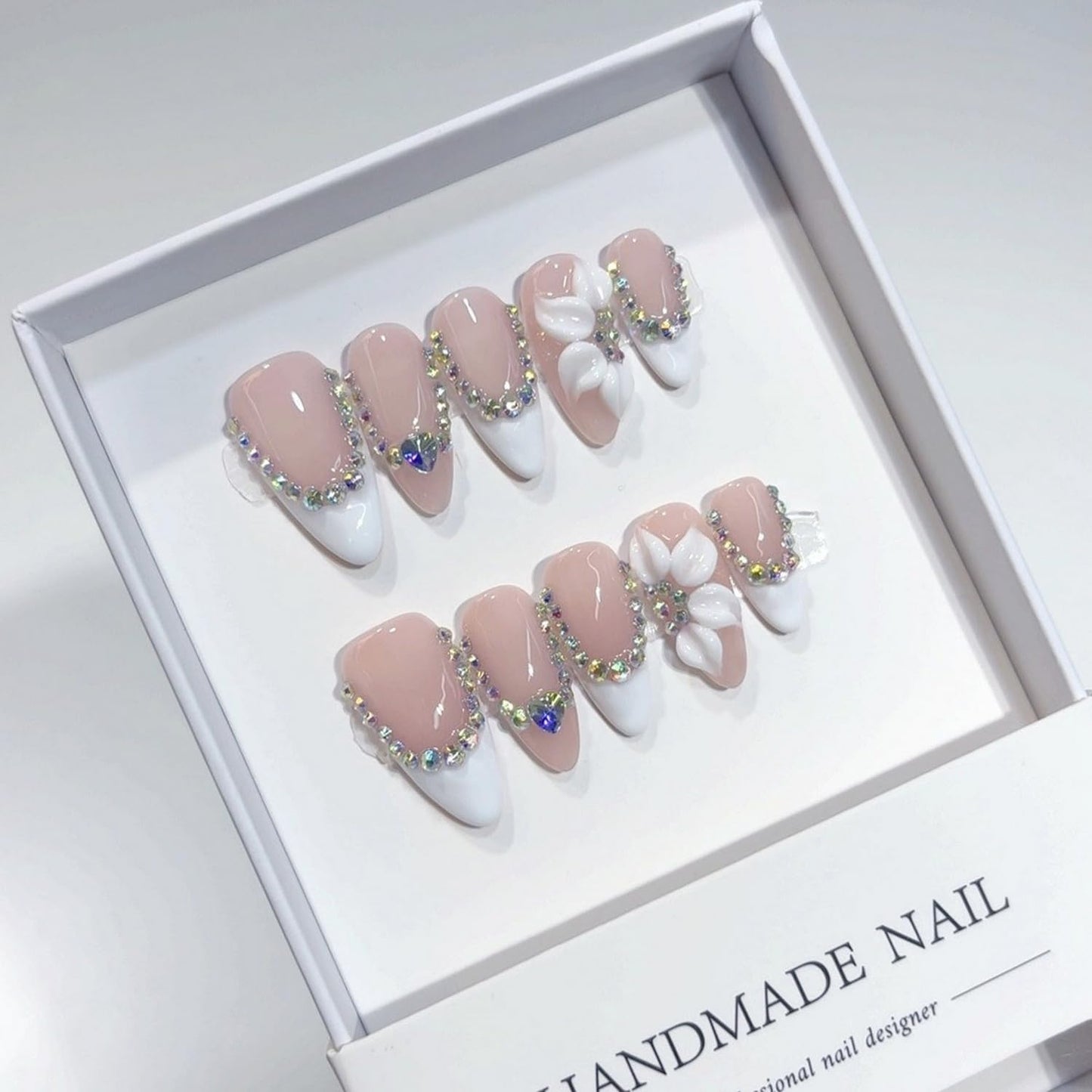 10 Pcs Flower Handmade Press on Nails Almond Shape Luxury Medium Hand Made Nails with Design Flower Artificial Stick on Nails French Tip False Nail for Women (M)