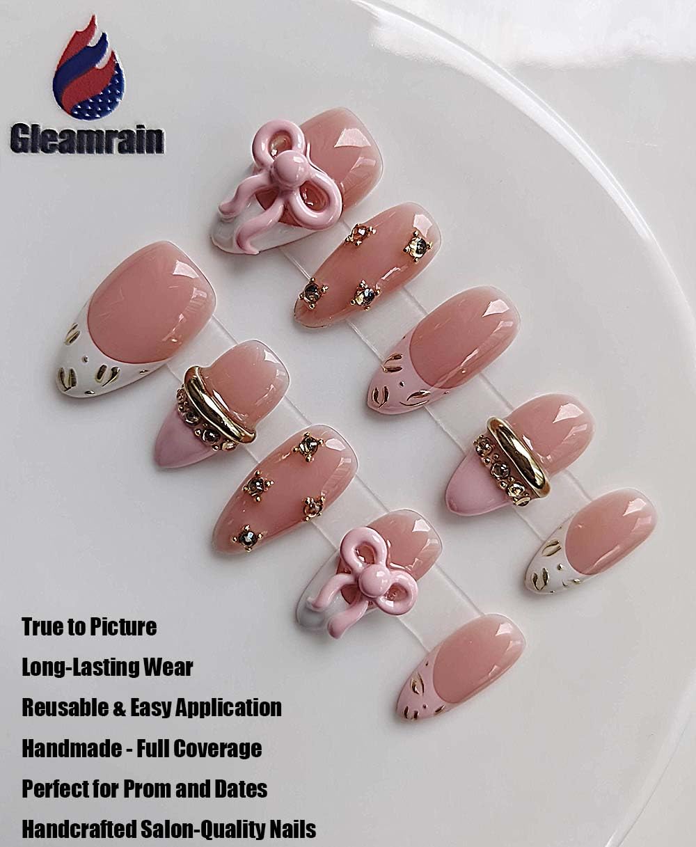 Gleamrain Cute Almond Handmade Press on Nails Medium for Women, Handcrafted Luxury Rhinestones Design Reusable Pink Full Cover Fake Nail Cute French Design for Daily Wear Holiday D312