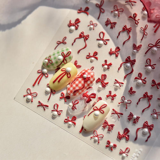 Red Bow Pearls Nail Stickers 5D Embossed – Premium Salon-Quality Nail Charm Accessories, Easy Application & Self-Adhesive Pearled Bows Decal for DIY Manicure, Nail Art, Press on, Home or Salon Use