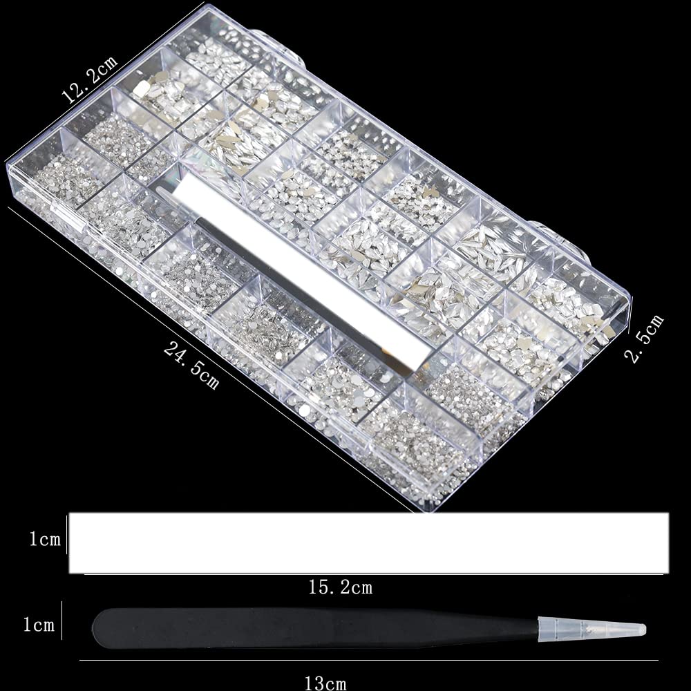 4880Pcs Rhinestones for Nail, White Crystal Nail Rhinestones Set, Nail Round Beads Flatback Glass Gems Stones, Multi Shapes for Nail DIY Crafts Clothes Shoes Jewelry