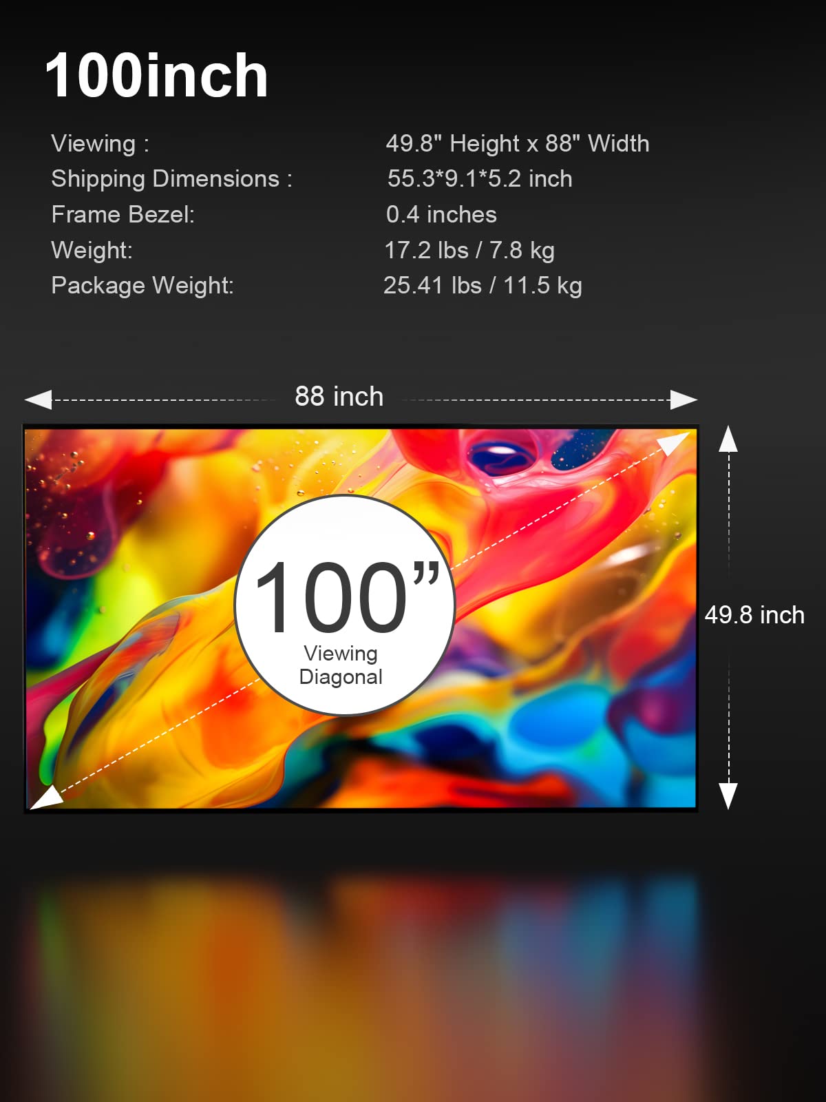 AWOL VISION 100-inch Projector Screen Fixed Frame, 1.3 dB Peak Gain, The Perfect Combo with LTV-2500, 80% Picture Quality Improved, 4K / 8K Ultra HD, Active 3D Wall Mount Projector Screen, MW-100
