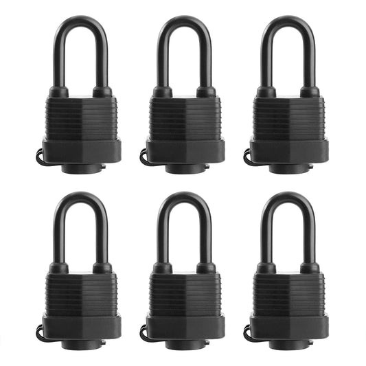 SafiSwords Waterproof Padlocks Keyed Alike for Outdoor use, Covered Heavy Duty Laminated Steel Lock, 1-9/16 Inch. Wide, Long Padlock, Pack of 6
