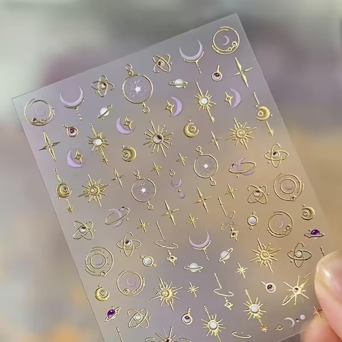 Star Moon Nail Stickers 5D Embossed Golden Planet Nail Art Decals 1PCS Purple& Golden Sun Stars Moons Planets Design 3D Self-Adhesive Nail Art Decorations Supplies Manicure Sliders for Women Girls