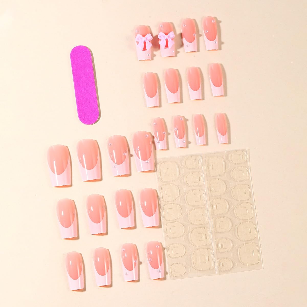 CTTHNBD Medium Press on Nails Square - White French Tip Fake Nails with Bow Charms Design - Cute False Nails Press ons - for Women 24 Pcs