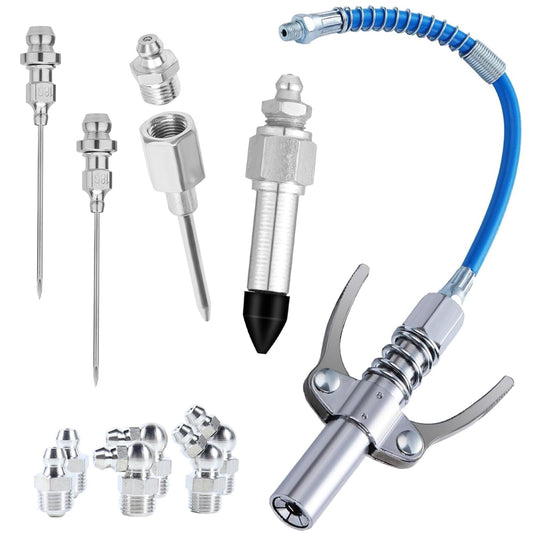 Grease Gun Tips Kit – Grease Gun Needle Nozzles, 12" Flex Hose, Grease Dispenser, Hydraulic Couplers, Rubber Adapter – 12PCS Lubrication Accessories for Automotive, Tractor, Machine Lubrication