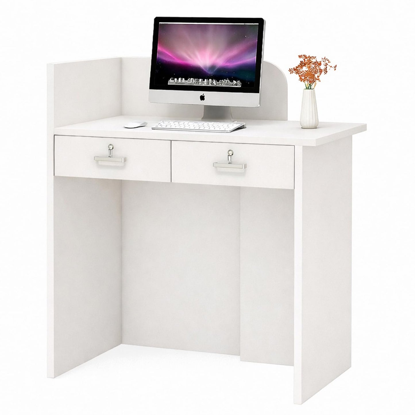 Small Reception Desk with Drawer, Compact Front Counter for Studio, Salon, Spa, Boutique — Modern Minimalist Check-in Table with Smooth Edge, Welcome Desk for Small Space (White, 23.6 in)