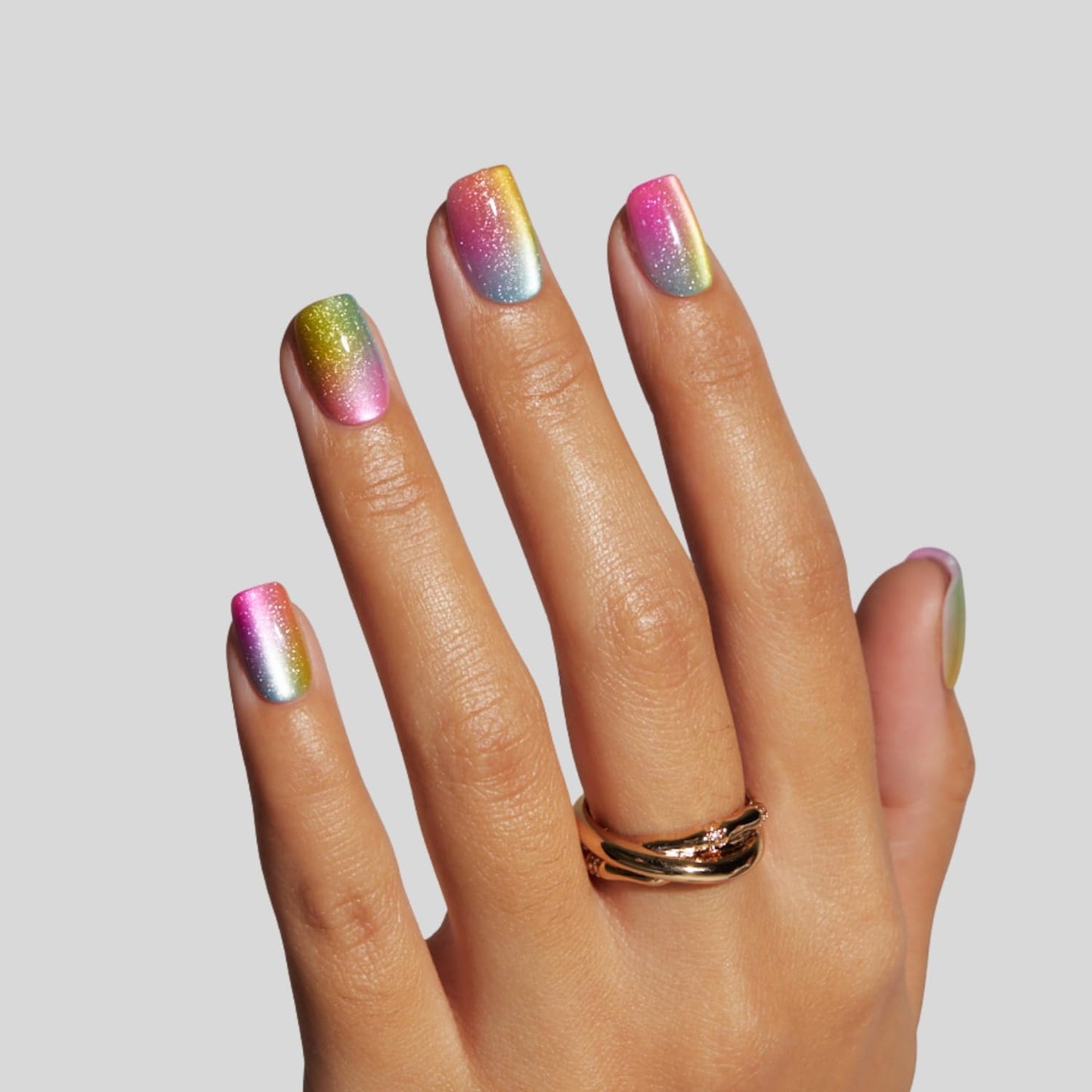 LAMIMOSA 32Pcs Glittery Cat Eye Press On Nails Short Square – Soft Gel Fake Nails in 16 Sizes, Colorful Sparkly Glue on Nail kit, Spring Summer Rainbow Nails, RAINBOW SPARKLE