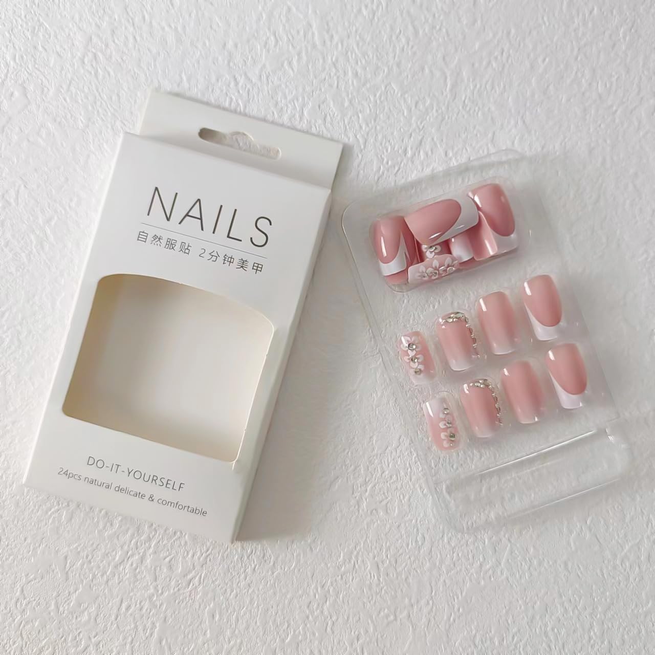 Rilafuvu Press on Nails Medium French Tip Full Cover Nails Square Press Ons Pink Press-on Nails with Flower Designs Acrylic Stick on Nails Gift for Women and Girls Decorations 24pcs (white&Pink)