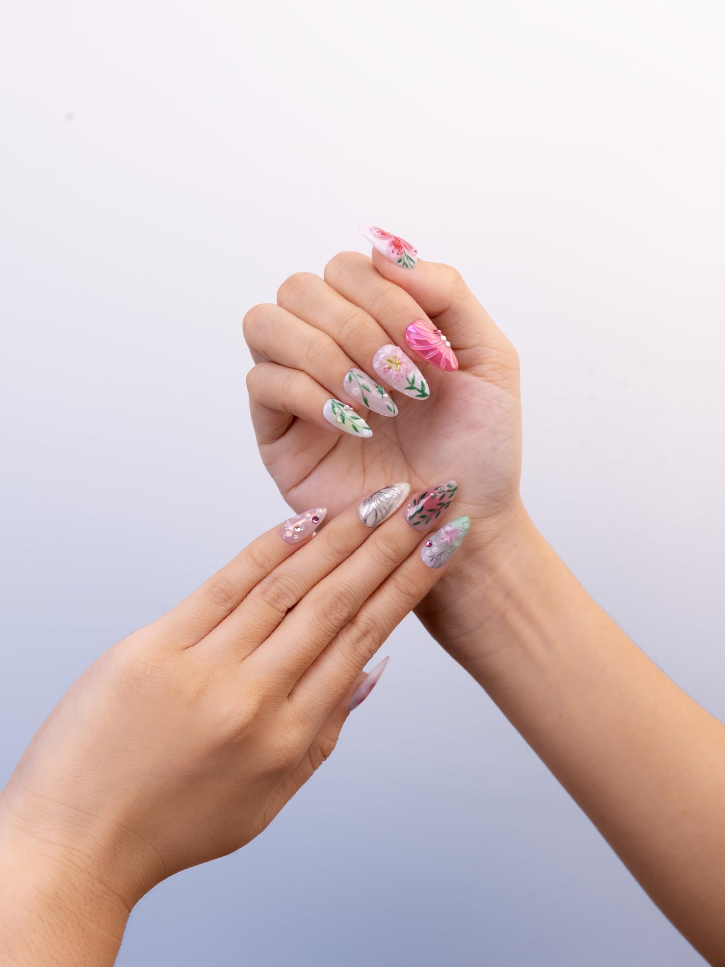 SIYOU Beauty | Radiant Garden | Pink and Green Floral Short Almond Press On Nails for Women (Large) - Reusable, Salon-Quality Fake Nails (10pc)