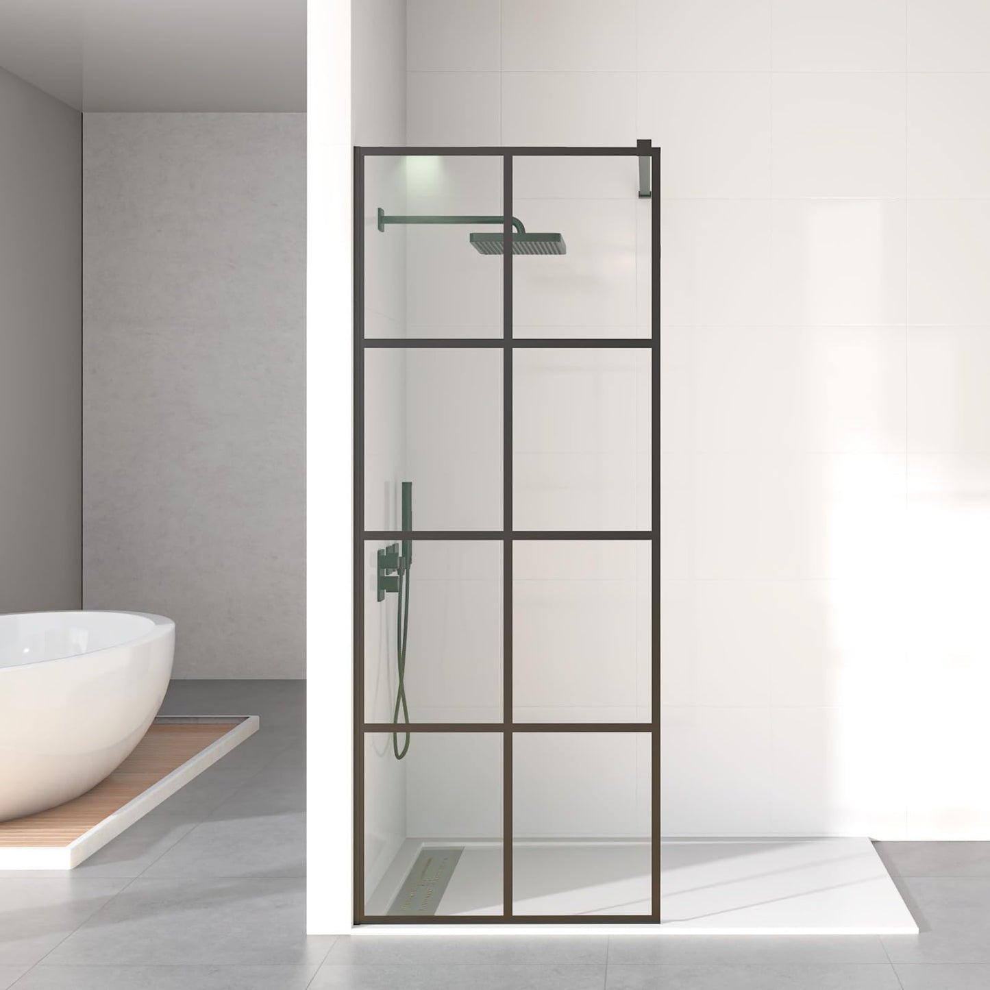Mainzel 34" W x 76" H Fixed Shower Glass Panel, Frameless 3/8" ANSI Tempered Glass Panel with Easy Clean Guard Coating, Modern Design Bathroom Shower Screen, Matte Black