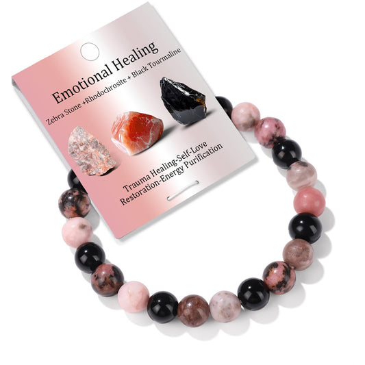 Healing Crystal Bracelet for Women Men 8mm Beaded Black Tourmaline Zebra Stone Rhodochrosite Natural Stone Bracelets Handmade Stretch Emotional Healing Bracelet Beads Spiritual Crystal Jewelry Gifts