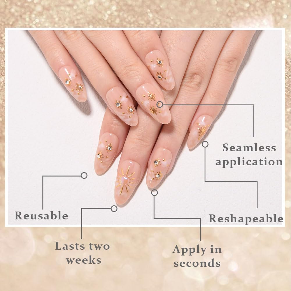 evpct 3D Nude Bohemian Design Press on Nails Medium Almond No Glue, Nude Gold Star Glossy Stick on Nails for Women with Kit, Reusable Soft Stick on Fake Nail with 3D Gold Stars Designs Perfectly Fit