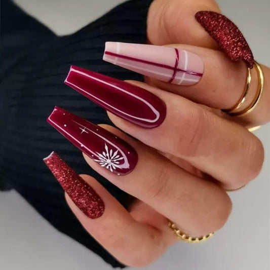 Christmas Press on Nails Long Coffin Fake Nails Red False Nails with Design Snowflake Glue on Nail Red Glitter Stick on Nail Winter Xmas Artificial Nails for Women Girls Holiday Manicure 24 Pcs