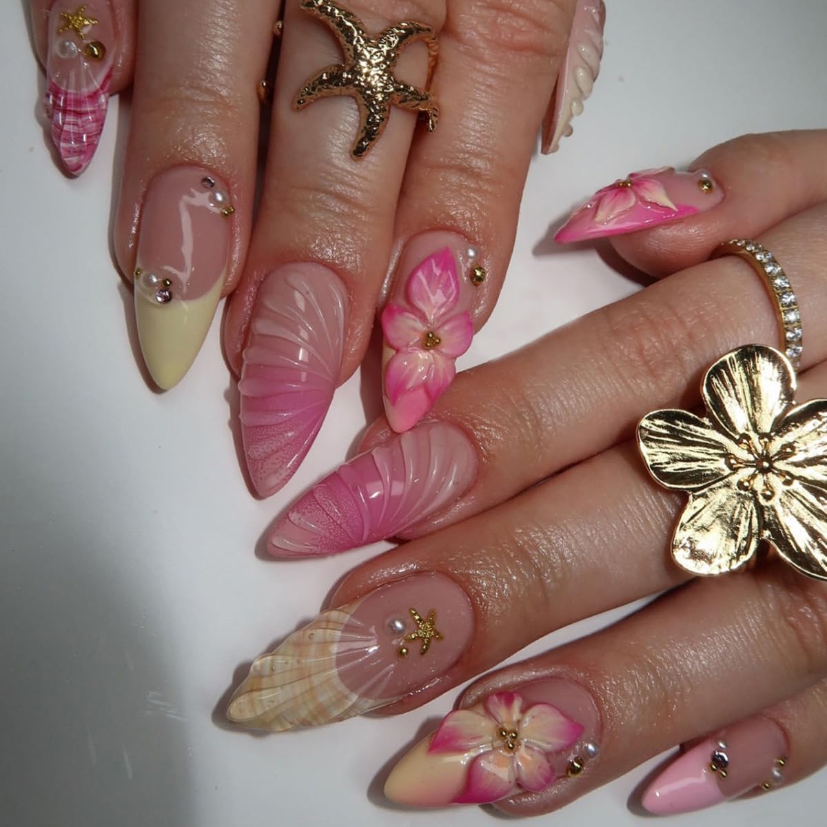 24Pcs Pink Flower Press on Nails Medium Almond French Tip Fake Nails 3D Summer Floral with Gold Starfish Press Ons Cute Stick on Nails Ocean Beach False Nails Glue on Nails for Women Acrylic Nails
