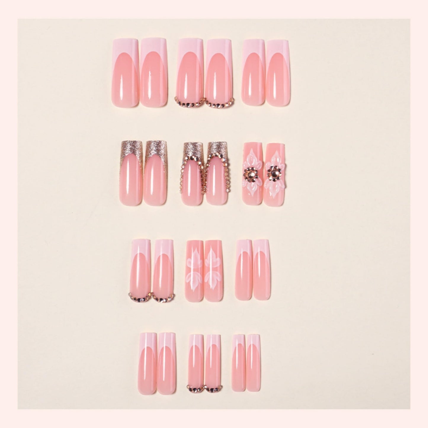 Long Press on Nails Square Fake Nails French White Acrylic Nail Press ons Seeneey Floral and Rhinestones Designs Sparkly Stick on Nail for Women 24pcs