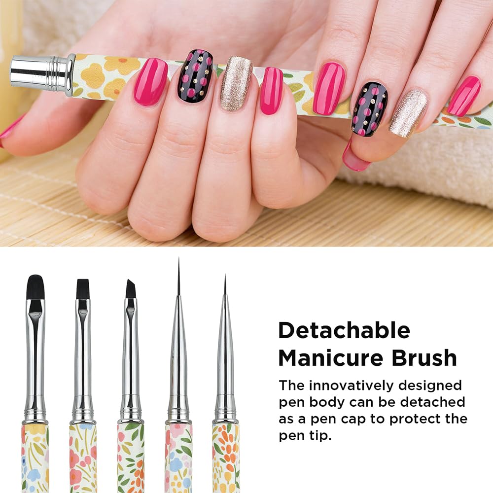Nail Art Brushes Set YIHUALE 5PCS Gel Polish Nail Art Design Pen Painting Tools Fingernail Brush Nail Cleaning Brush Nail Art Liner Brush Leather Handle for Salon Gift for Girls Women