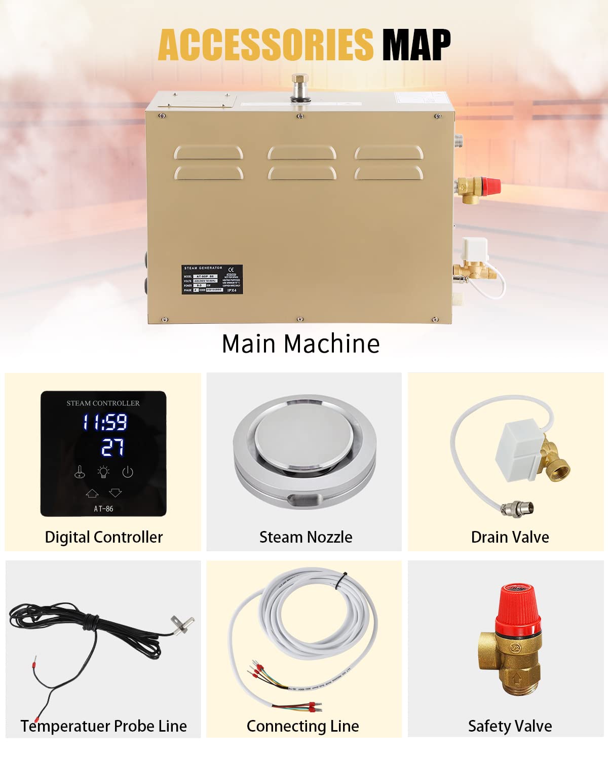 CGOLDENWALL 7.5KW Commercial Self-Draining Steam Generator Shower System Home Steam Bath Spa Generator 30 min to 12 Hours Auto Drain 95-131℉ for Suitable Space Heating 8 m³/283Cubic feet (7.5KW)