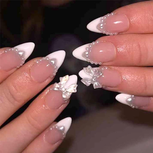 24Pcs White French Tip Press on Nails Medium Fake Nails with Cute Bow Pearl Charms Design,White French Press on Pink Stick on Nail Almond Shaped Acrylic Nail Heart Nails Cute False Nail for Women