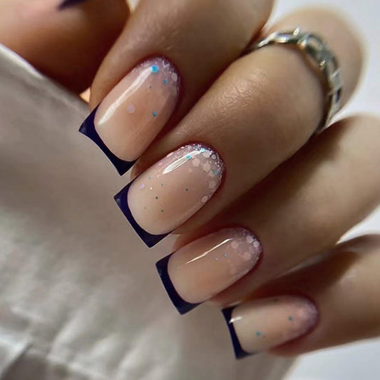 DANMANR Press on Sequins Nails Blue False Shiny Nails Full Cover Acrylic Medium Fake Jelly Square Nails for Women and Girls 24PCS