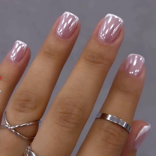 Chrome French Tip Press on Nails Extra Short Square Shaped Fake Nails Glossy Pink False Nails with Designs Full Cover Acrylic Nails for Women Manicure Decoration 24 Pcs