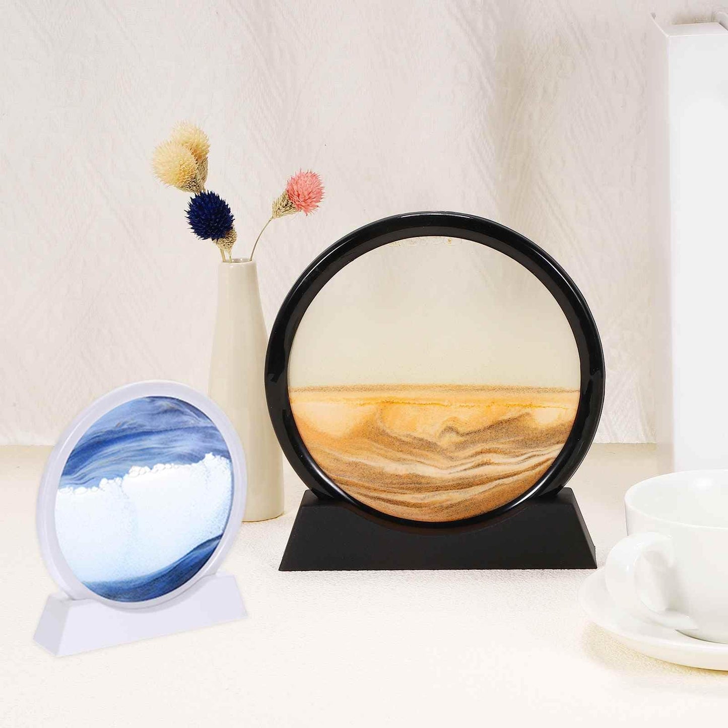 HEARTOOL Moving Sand Art Picture 12" Round Tempered Glass 3D Liquid Motion Deep Sea Flowing Sand Scene with Display Frame Perfect for Desktop & Office & Work Decoration (Blue)