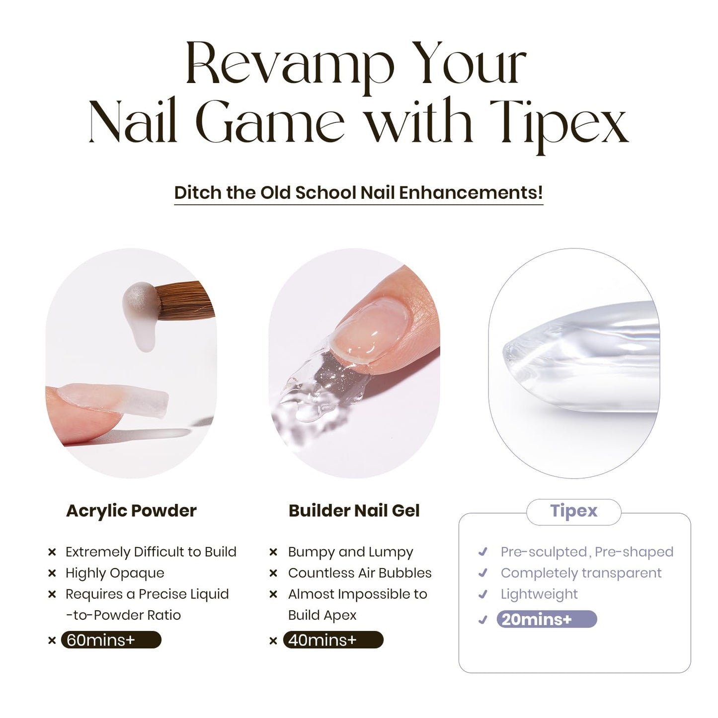 Tipex Instant Apex Nail Tips, Long Coffin Thicker Acrylic Nails,Strong Clear Pre-etched Press-on Nails,Matte Underside False Nails 128 Pcs 16 Sizes with 15g Tipex Nail Glue