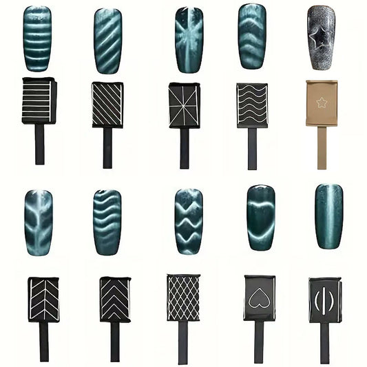 DAIXIANGER 19Pcs Cat Eye Magnet For Nails - Multiple Style Nail Magnets 10 Patterned Magnet Boards With Dotting Pen & Magnetic Sticks, Cat Eye Gel Nail Polish Magnets for Nail Art Design Tools