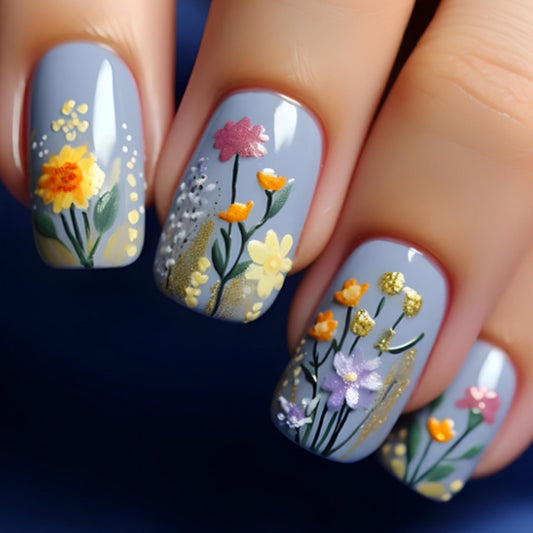 Floral Press on Nails Short Square Fake Nails Glossy Full Cover Flower design Acrylic Nails False Nails 3d Spring Glue on Nails Reusable Floral Nails Blue Stick on Nails for Women Art Manicure24pcs